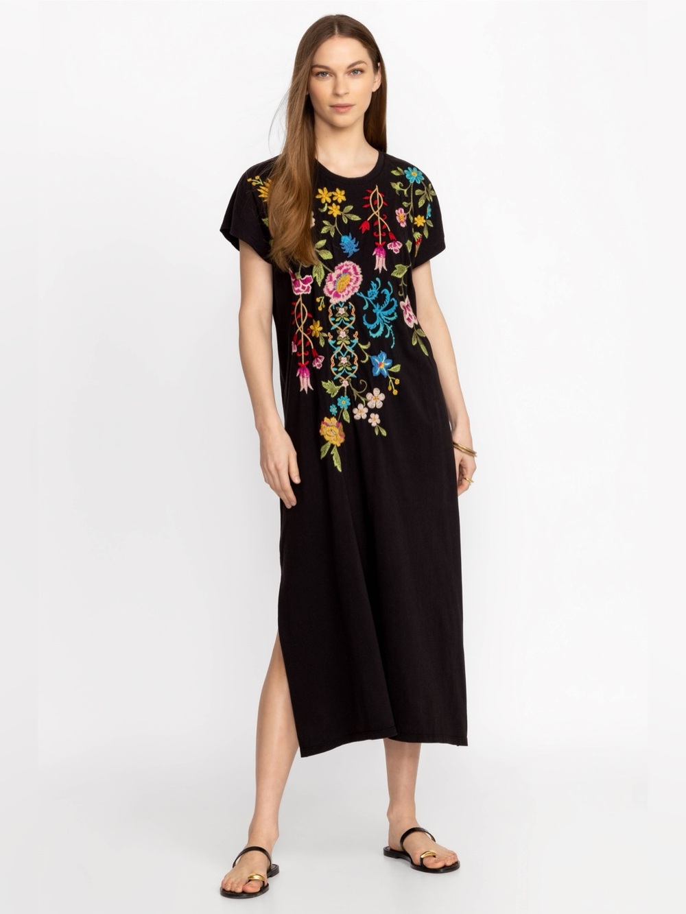 Johnny Was Shari Relaxed Knit Dress Black Floral Embroidered T-Shirt Midi XS